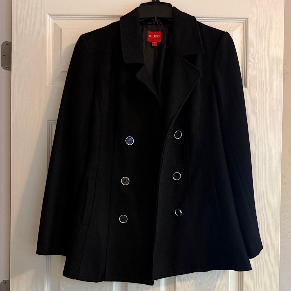 Guess Elegant Black Pea Coat with Silver Buttons